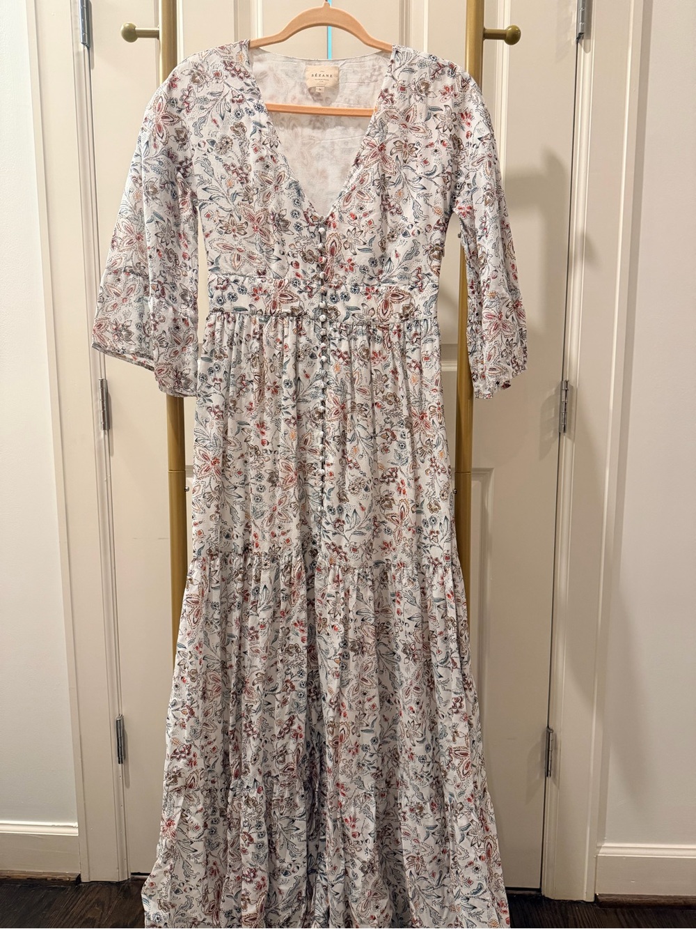 Sézane floral maxi cotton dress with a deep neckline in size 34